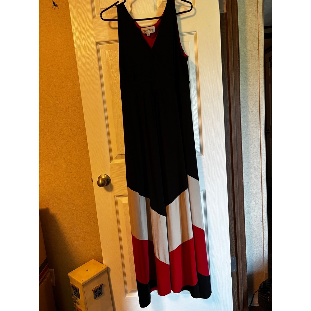 Studio I Womens XL Black Red Tan Colorblock Sleeveless V-Neck Maxi Dress 58 Long